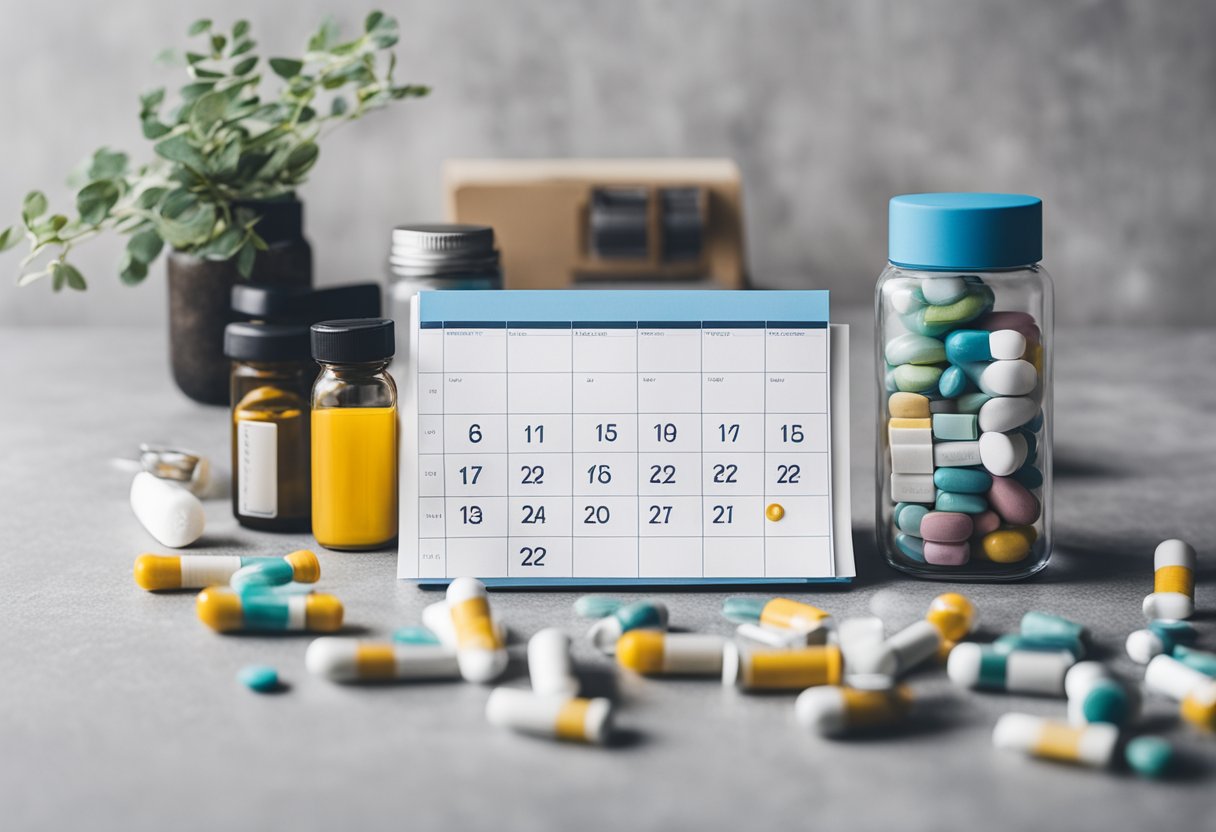 A calendar with marked dates, a fitness tracker, and a pile of empty pill bottles symbolize daily progress for a male cancer thriver