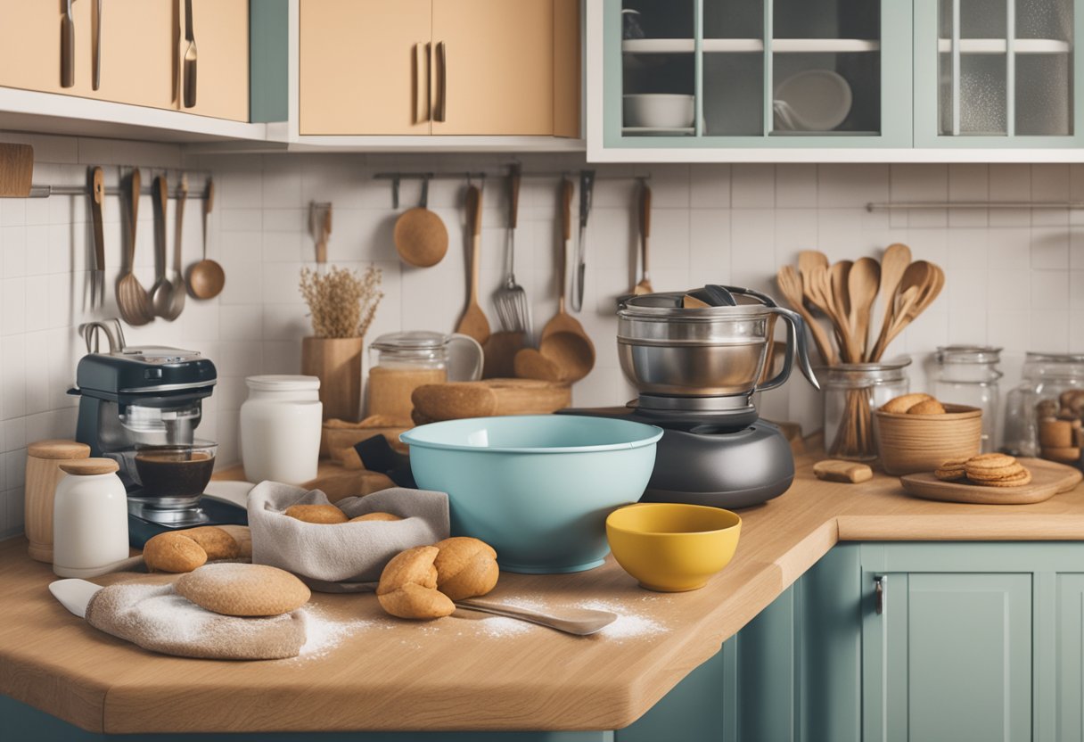 A kitchen filled with the aroma of freshly baked goods, a mixing bowl and utensils on the counter, a cancer awareness ribbon on a apron