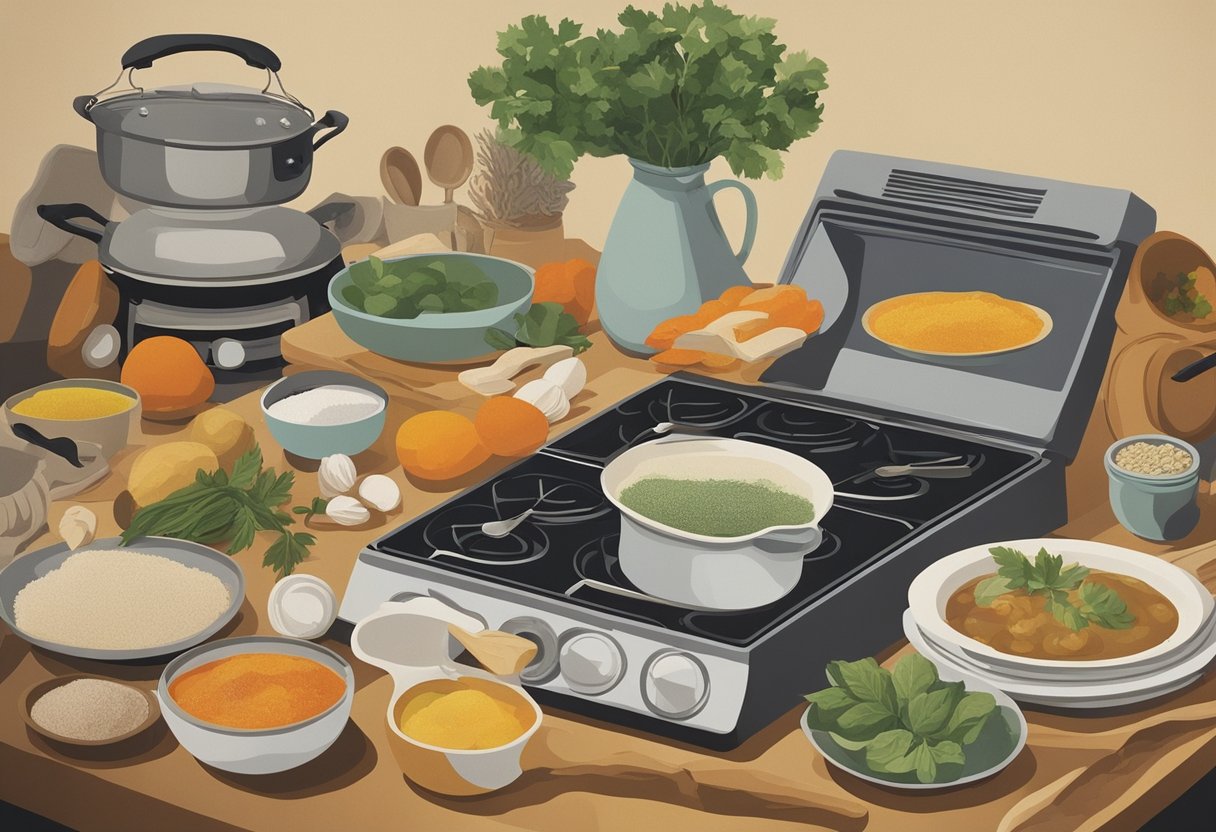 Various kitchen tools and ingredients arranged on a countertop, with a cookbook open to a recipe for a comforting dish. A pot simmering on the stove, and an oven baking something fragrant