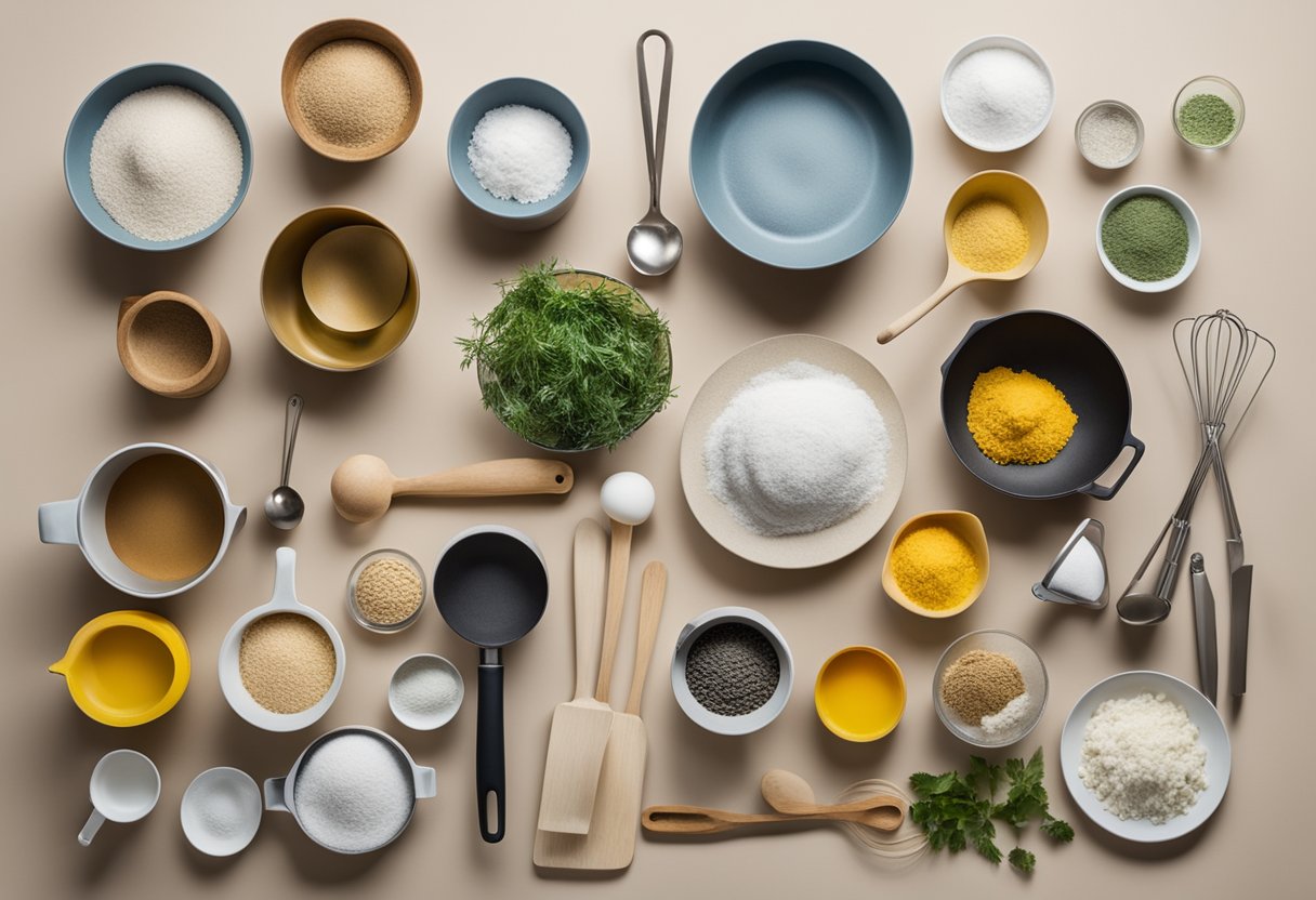 A variety of cooking and baking tools and ingredients arranged neatly on a clean and organized kitchen counter