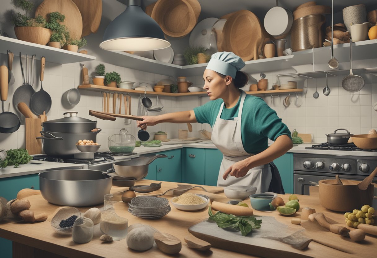 A cancer warrior debates cooking and baking, surrounded by kitchen utensils and ingredients