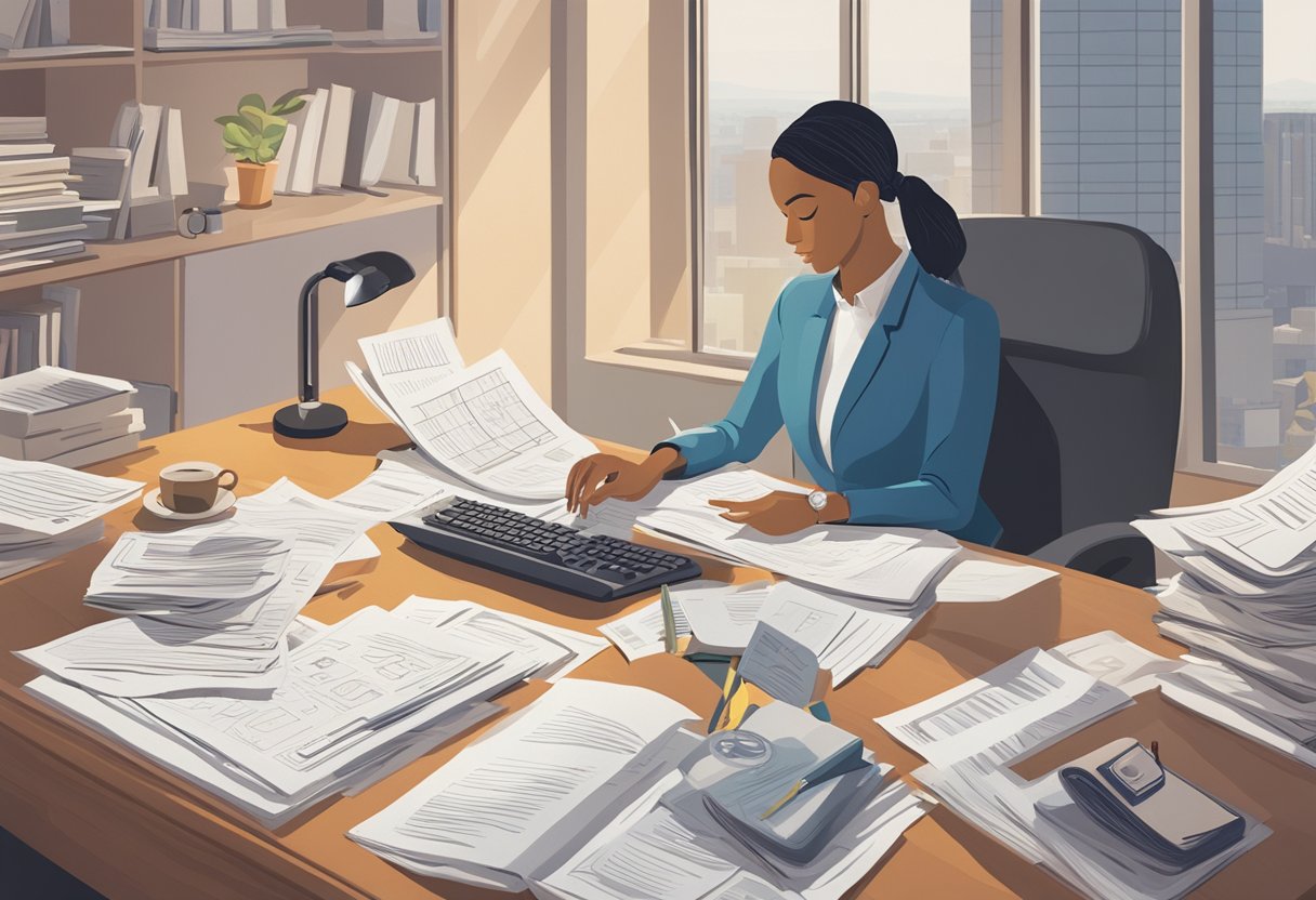 A person sits at a desk, surrounded by financial documents and a planner. A cancer ribbon symbol is subtly incorporated into the scene