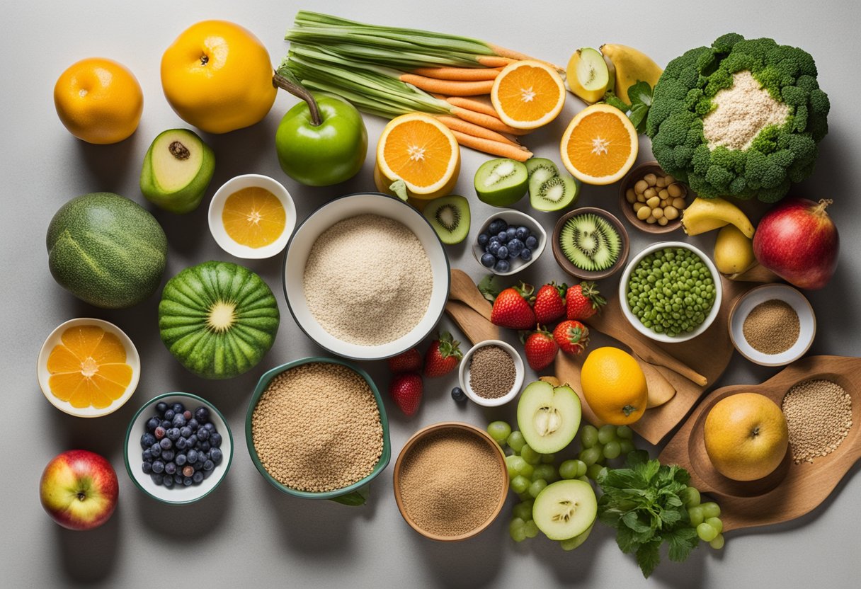 A colorful array of fresh fruits, vegetables, and whole grains arranged on a kitchen counter, with a mixing bowl and whisk ready for baking
