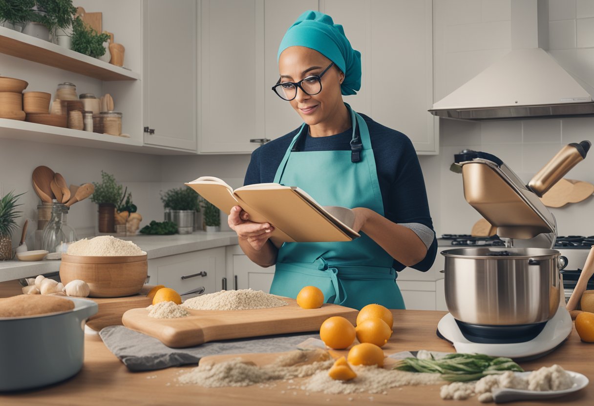 A cancer warrior reads a cookbook while watching a digital tutorial, surrounded by baking ingredients and kitchen tools