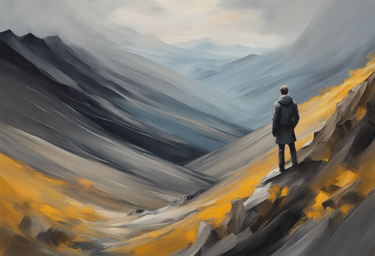 A lone figure explores a rugged landscape, symbolizing the journey of a male cancer warrior. The terrain is both challenging and beautiful, reflecting the nature of the battle ahead