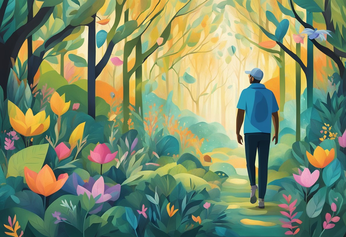 A cancer survivor explores a serene forest, surrounded by vibrant flora and fauna, symbolizing his journey towards improved quality of life