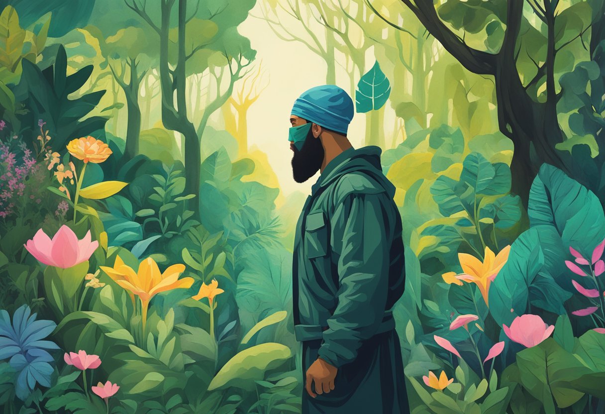 A cancer warrior stands in a lush forest, surrounded by diverse flora and fauna. He gazes out at a breathtaking vista, contemplating the beauty of nature amidst his battle