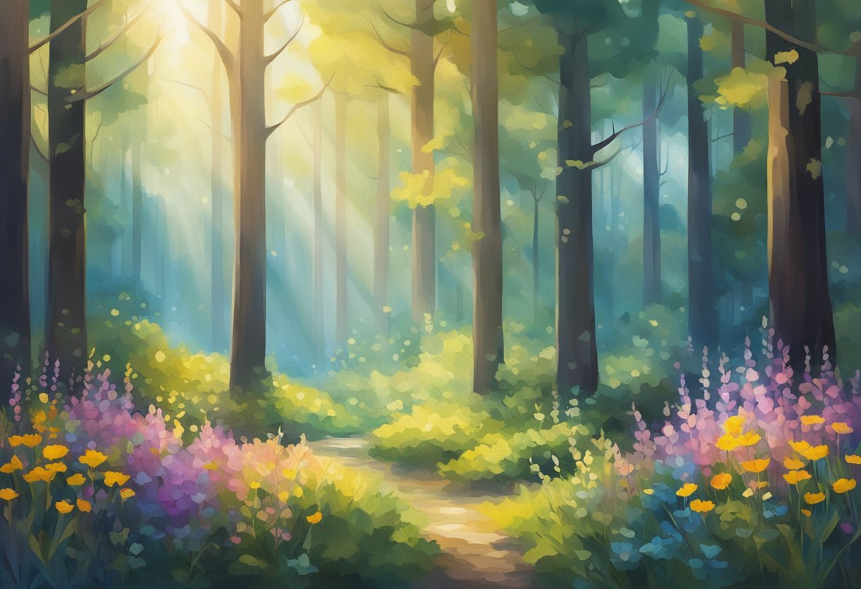 A serene forest with sunlight streaming through the trees, a peaceful river flowing, and vibrant wildflowers blooming
