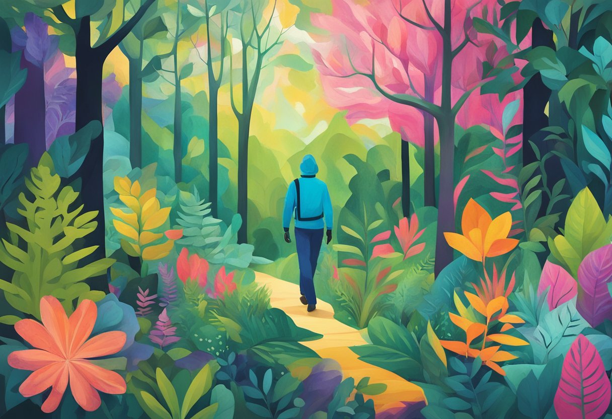 A cancer warrior explores a lush forest, surrounded by vibrant flora and wildlife, symbolizing the advancements in nature-based cancer treatments