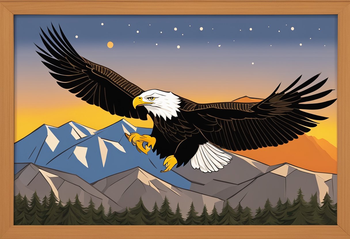 A bald eagle soars above a mountain, symbolizing strength and resilience. The sun sets behind the peak, casting a warm glow on the landscape