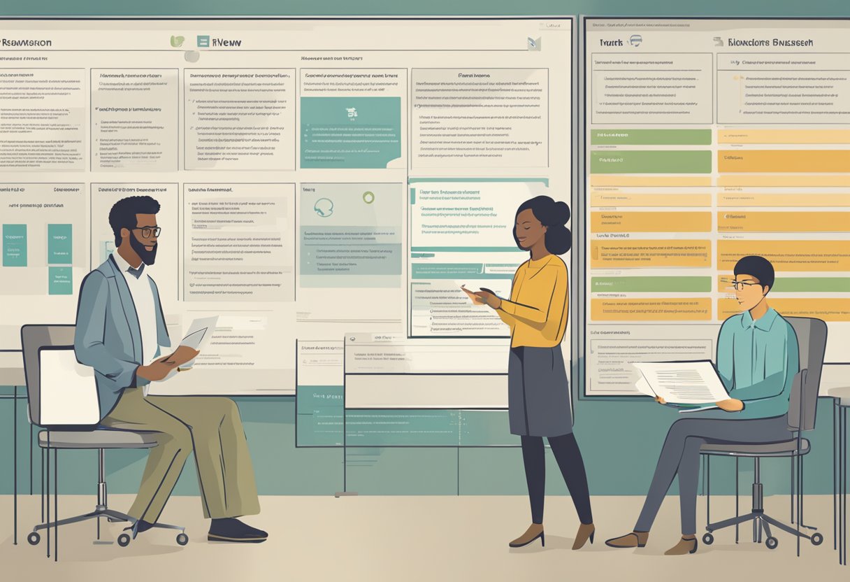 A researcher reviews data while an educator presents findings. Progress milestones are displayed