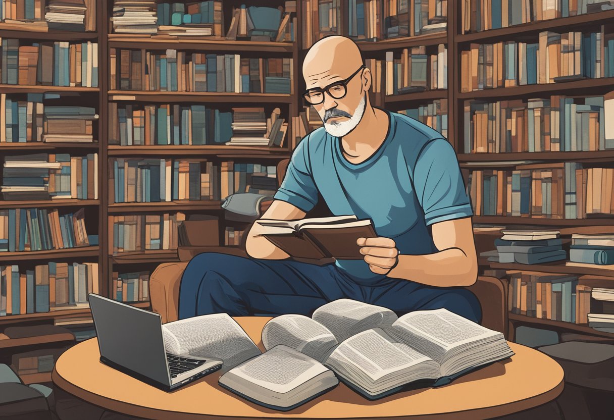 A male cancer warrior shares his digital story, surrounded by books and research articles on storytelling and cancer