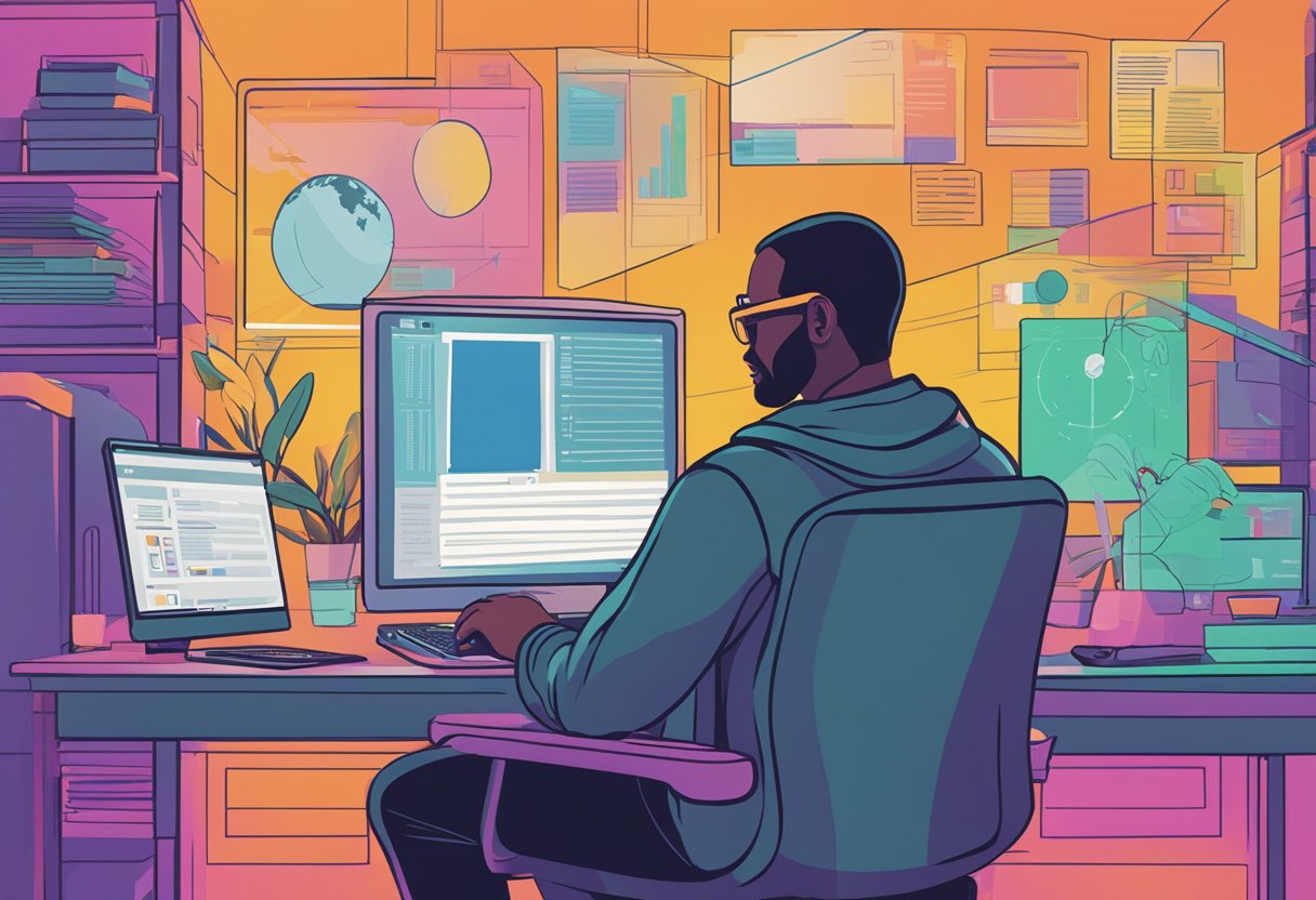 A male cancer warrior sits at a computer, typing his digital story. The screen shows a colorful and engaging visual narrative