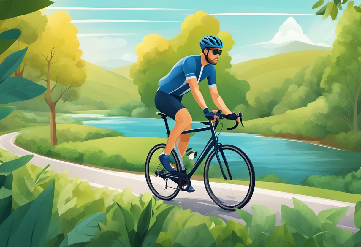 A cyclist rides through a scenic route, surrounded by greenery and fresh air. Their bike is equipped with proper safety gear and accessories for a comfortable and enjoyable ride