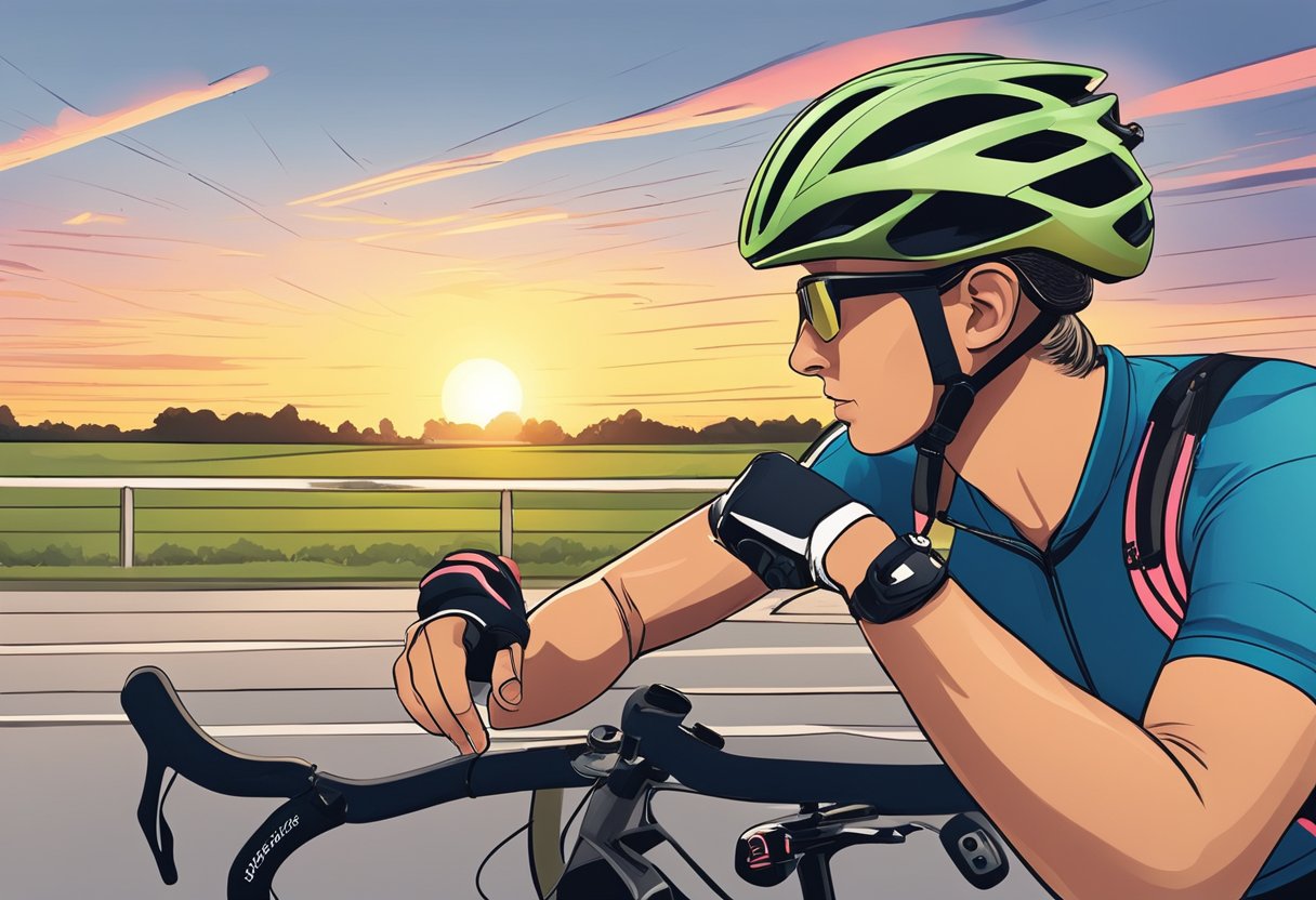 A cyclist adjusts their helmet, next to a training plan and water bottle. The sun sets behind them, casting a warm glow on the scene