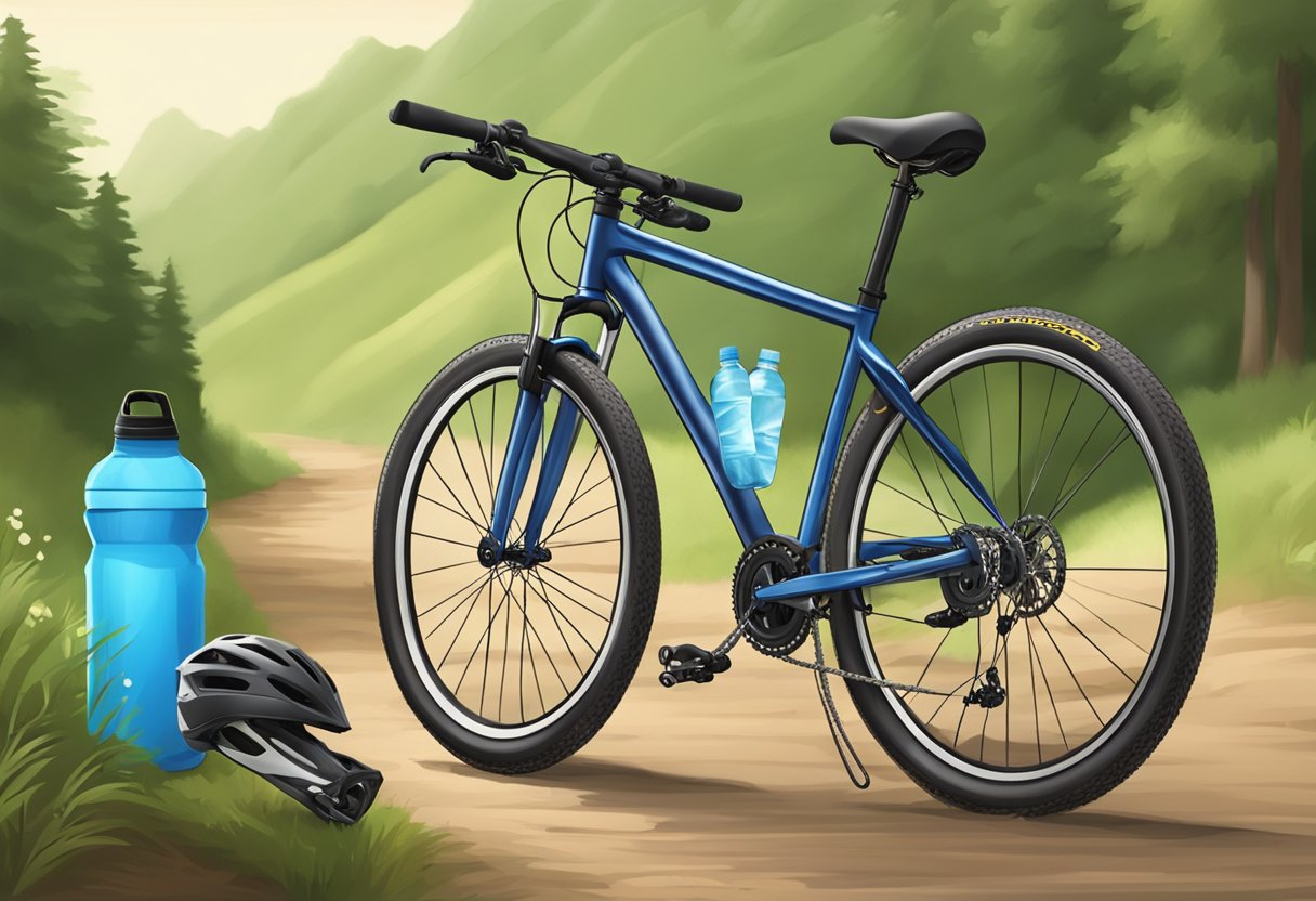 A bike with beginner gear, helmet, and water bottle on a peaceful trail