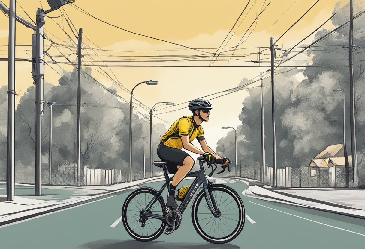 A cyclist wearing a helmet and reflective gear, signaling before turning onto a quiet street. A "Share the Road" sign is visible in the background