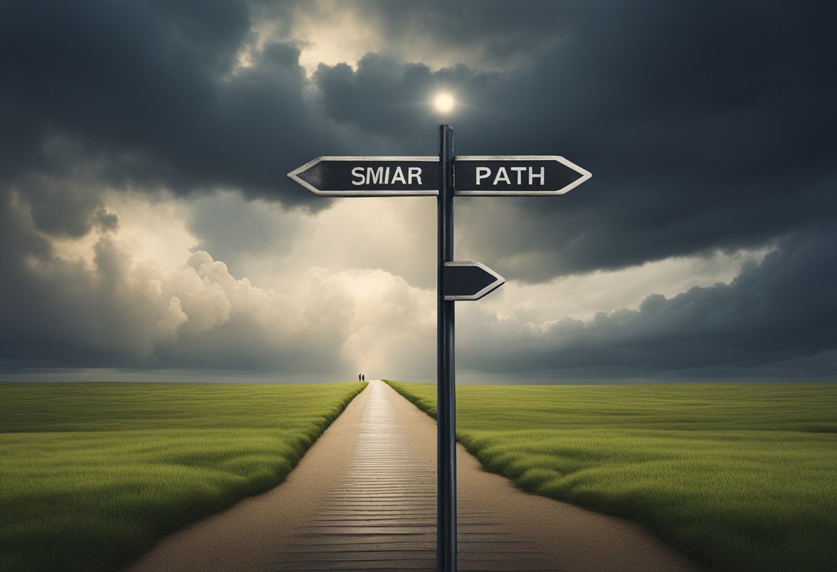 A man standing at a crossroads, one path leading to a dark, stormy sky, the other to a bright, sunny horizon. A SMART goal written on a signpost points towards the sunny path