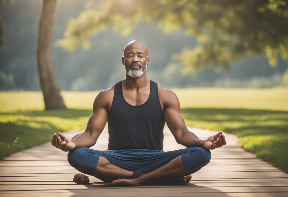 A male cancer warrior practices gentle yoga, focusing on breathing and gentle movements to promote healing and relaxation