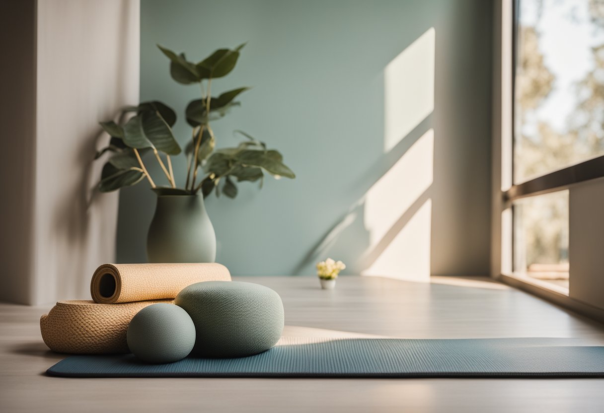 A serene setting with soft lighting, a yoga mat, and props like blocks and straps. A peaceful atmosphere with calming colors and natural elements