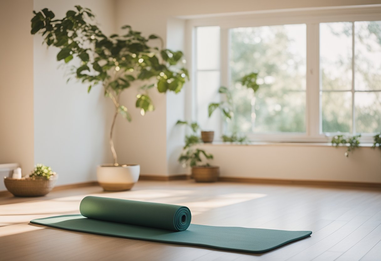 A serene setting with soft lighting, a yoga mat, and calming nature imagery to evoke a sense of peace and tranquility for a cancer patient practicing gentle yoga