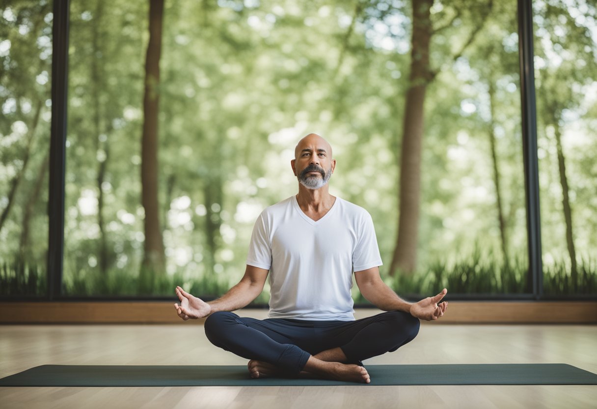 A male cancer warrior practices gentle yoga, managing treatment side effects