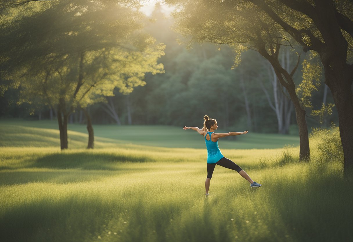 A figure engages in low-impact cardio, surrounded by a peaceful setting. The focus is on the activity, conveying a sense of determination and strength