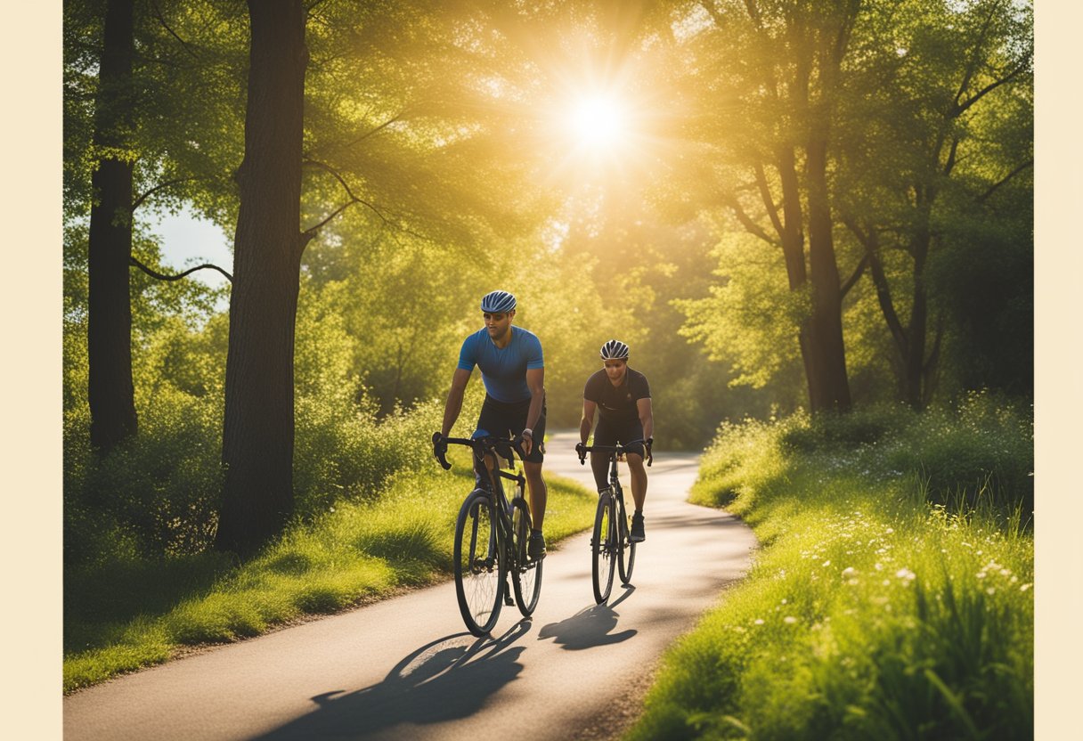 A male cancer warrior engages in low-impact cardio, such as walking or cycling, in a peaceful outdoor setting. The sun is shining, and he is surrounded by trees and nature