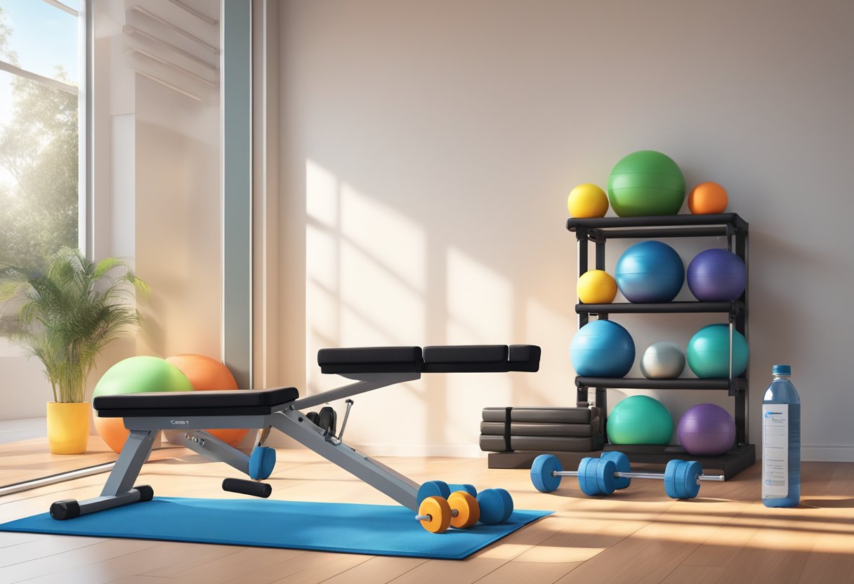 A weightlifting bench with resistance bands, dumbbells, and a medicine ball. A water bottle and towel nearby. Bright, natural light streaming in