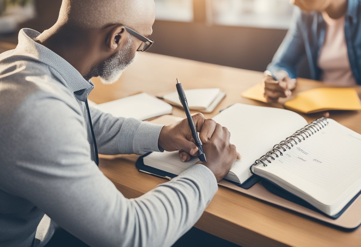 A man sets SMART goals for cancer survivorship, using a journal and pen on a desk with a supportive community in the background