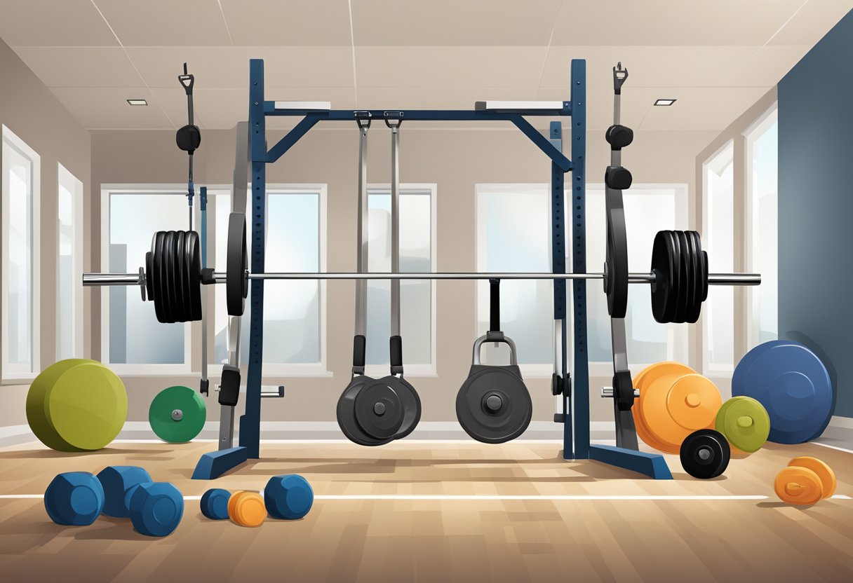 A set of weightlifting equipment arranged in a gym, showcasing various tools for strength training