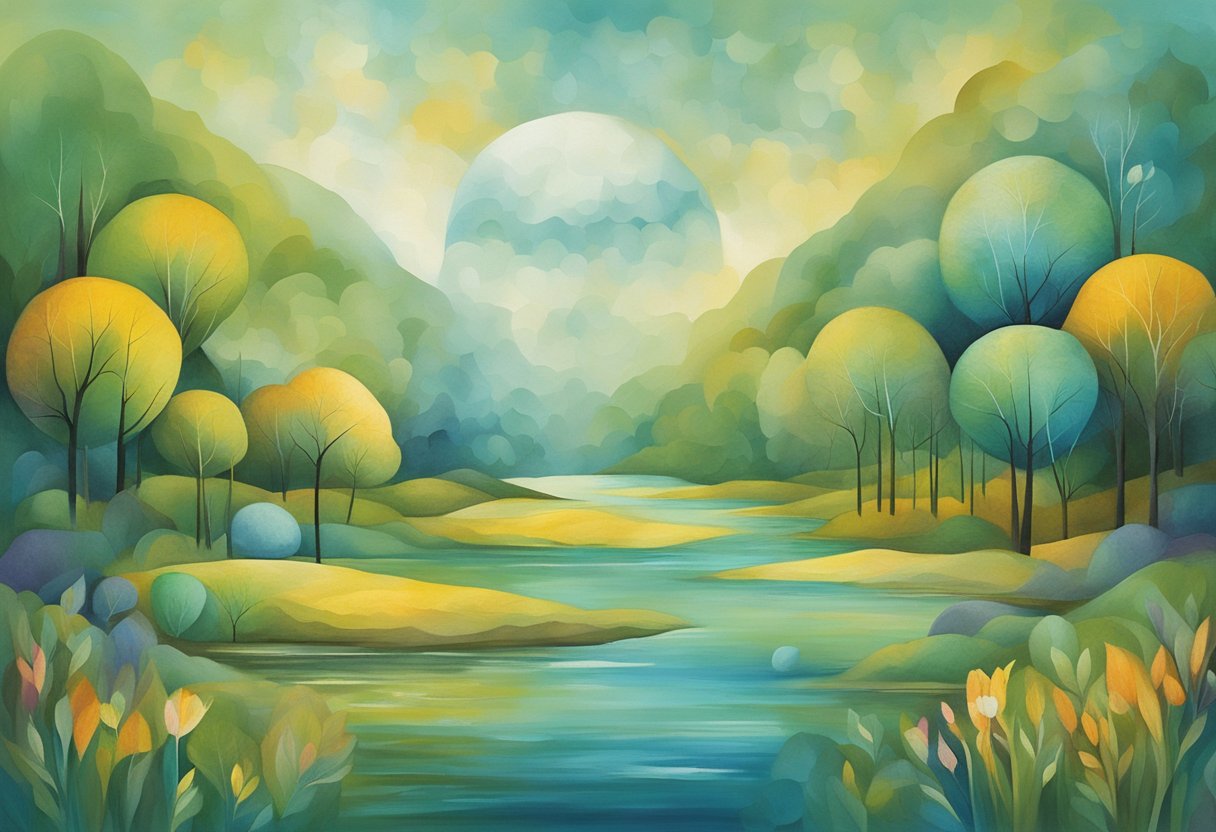 A serene, peaceful setting with a focus on the connection between mind and body, incorporating elements of nature and healing