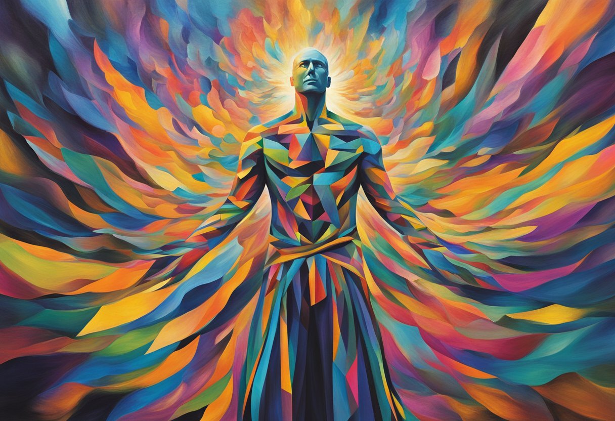 A man stands strong, surrounded by vibrant energy, symbolizing the powerful connection between his mind and body in his battle against cancer