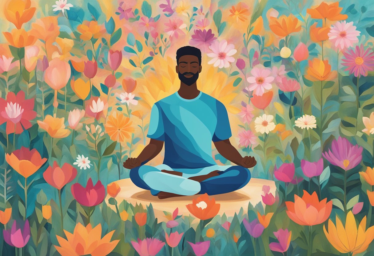 A man meditates in a peaceful garden, surrounded by vibrant flowers and a gentle breeze. He holds a positive affirmation card, radiating strength and resilience