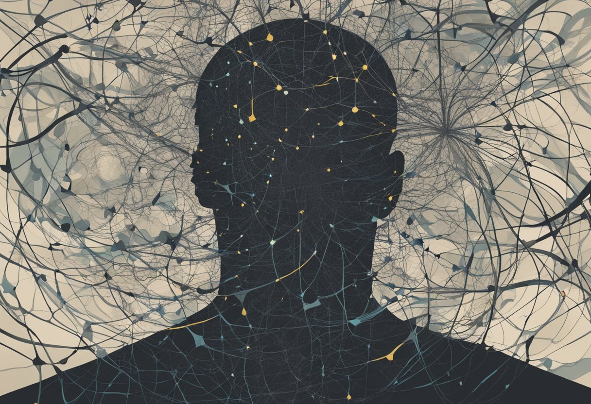A man's silhouette surrounded by swirling thoughts and emotions, with a tangled web connecting his mind and body