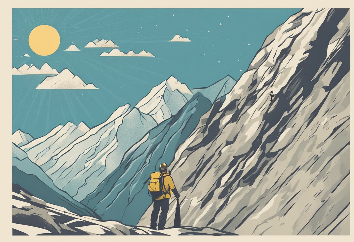 A man setting SMART goals after cancer treatment, symbolized by a mountain climber reaching the summit