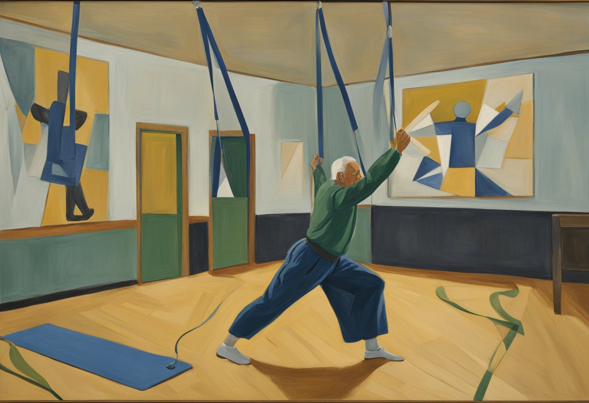 A male cancer warrior performs stretching exercises in a gym setting, using resistance bands and yoga mats