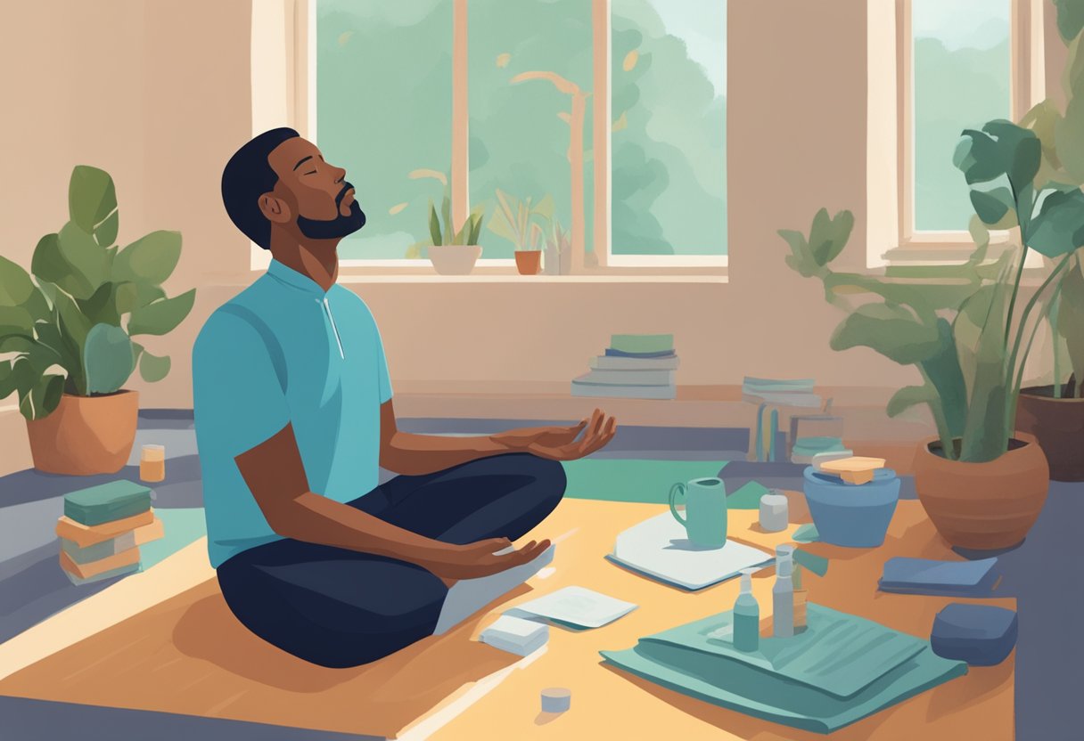 A man practicing breathing exercises in a peaceful setting, surrounded by supportive care materials for cancer warriors
