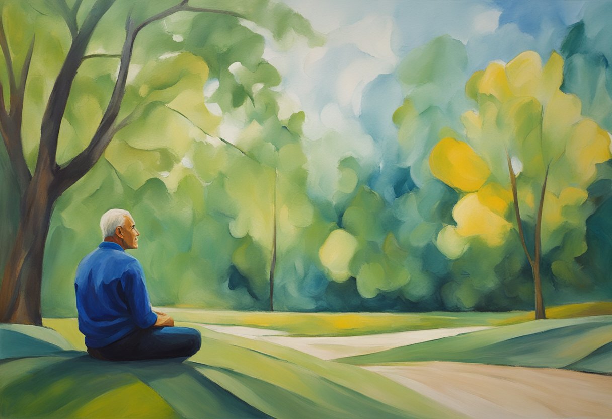 A figure sits in a peaceful setting, practicing deep breathing exercises. Surrounding nature provides a serene backdrop for the male cancer warrior seeking relief