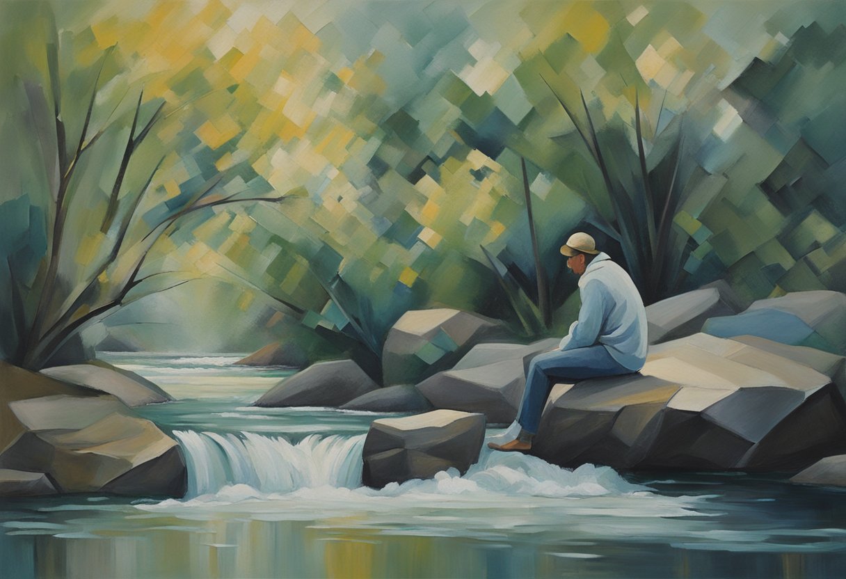 A figure sits cross-legged, eyes closed, taking deep breaths. Surrounding him are peaceful elements like flowing water and gentle breeze