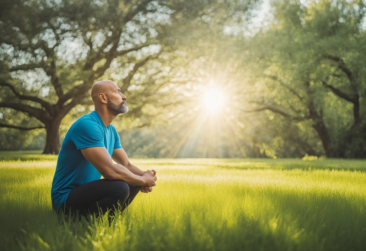 A man performs breathing exercises in a peaceful setting, surrounded by nature and sunlight. He is focused and determined, embodying strength and resilience in his battle against cancer