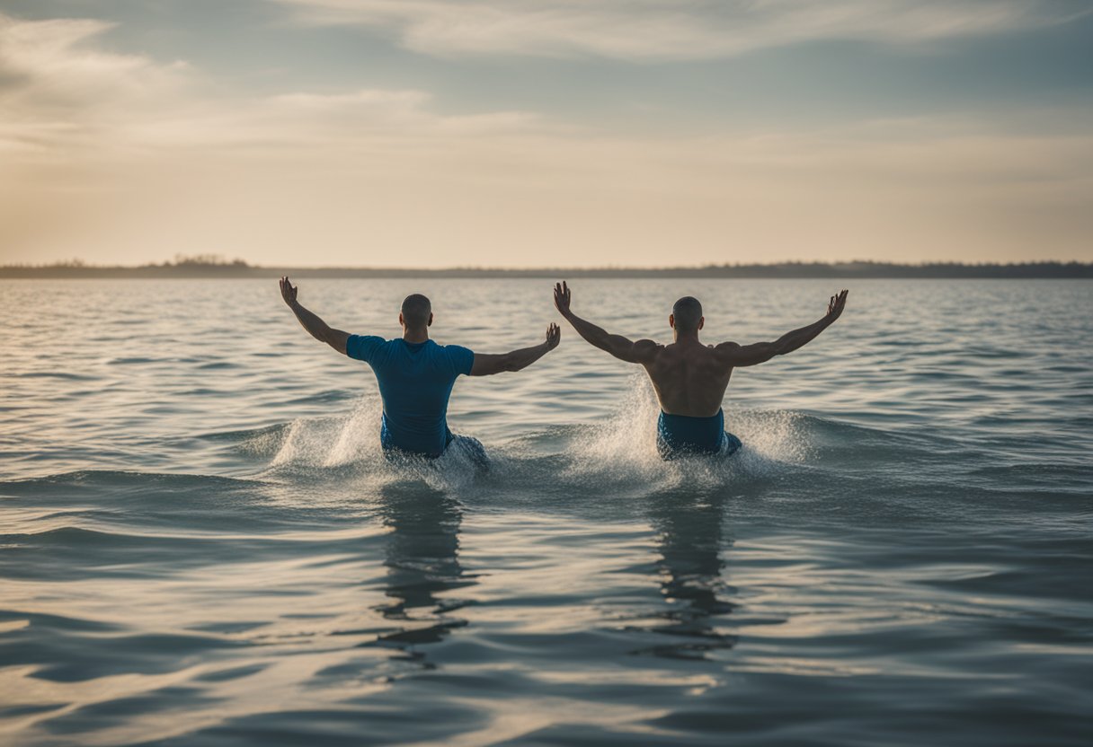 A male cancer warrior exercises in water, with a friend