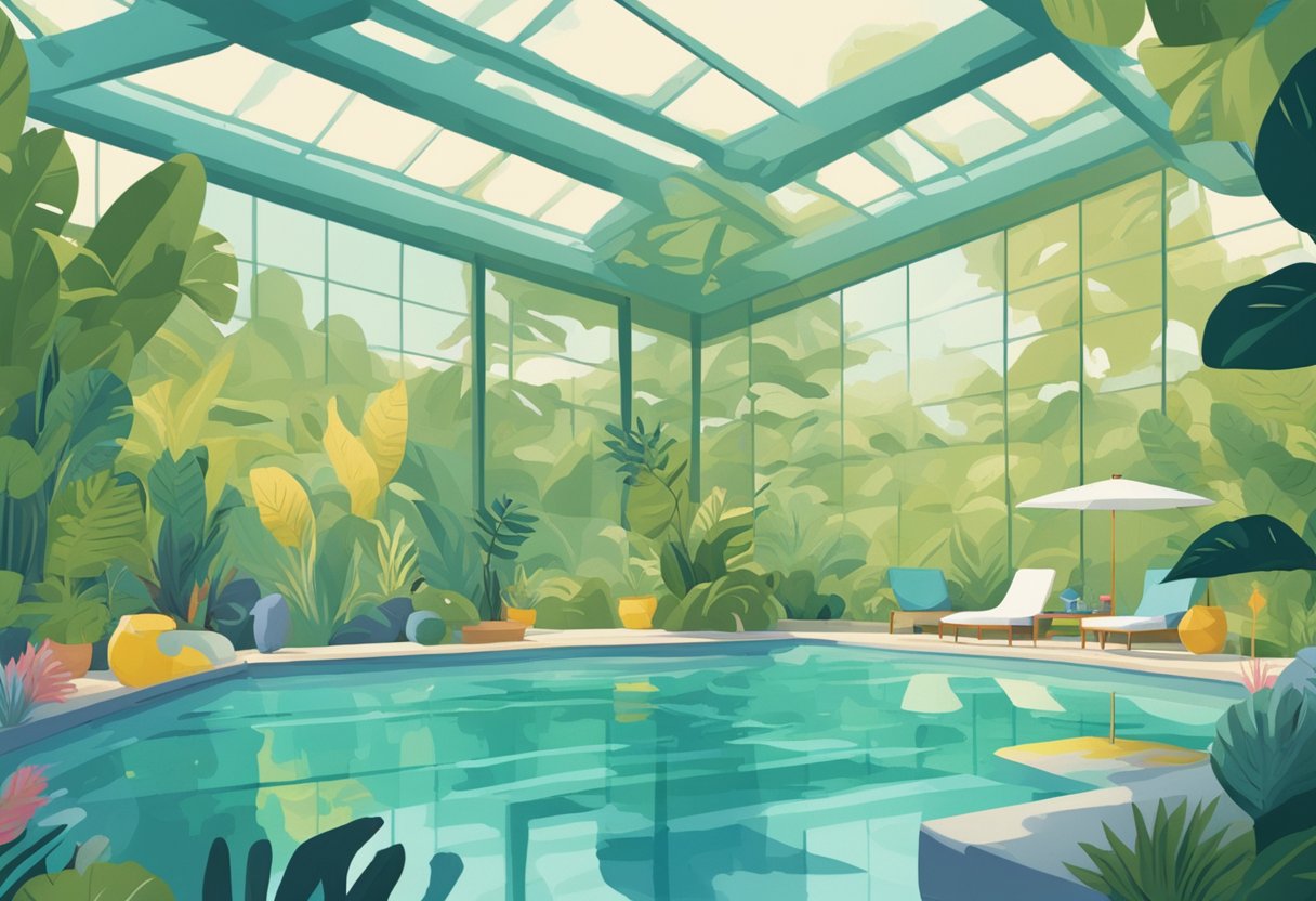 A serene pool with gentle waves, surrounded by lush greenery and colorful aquatic equipment. A male cancer warrior participates in a therapeutic aquatic program, guided by a supportive therapist