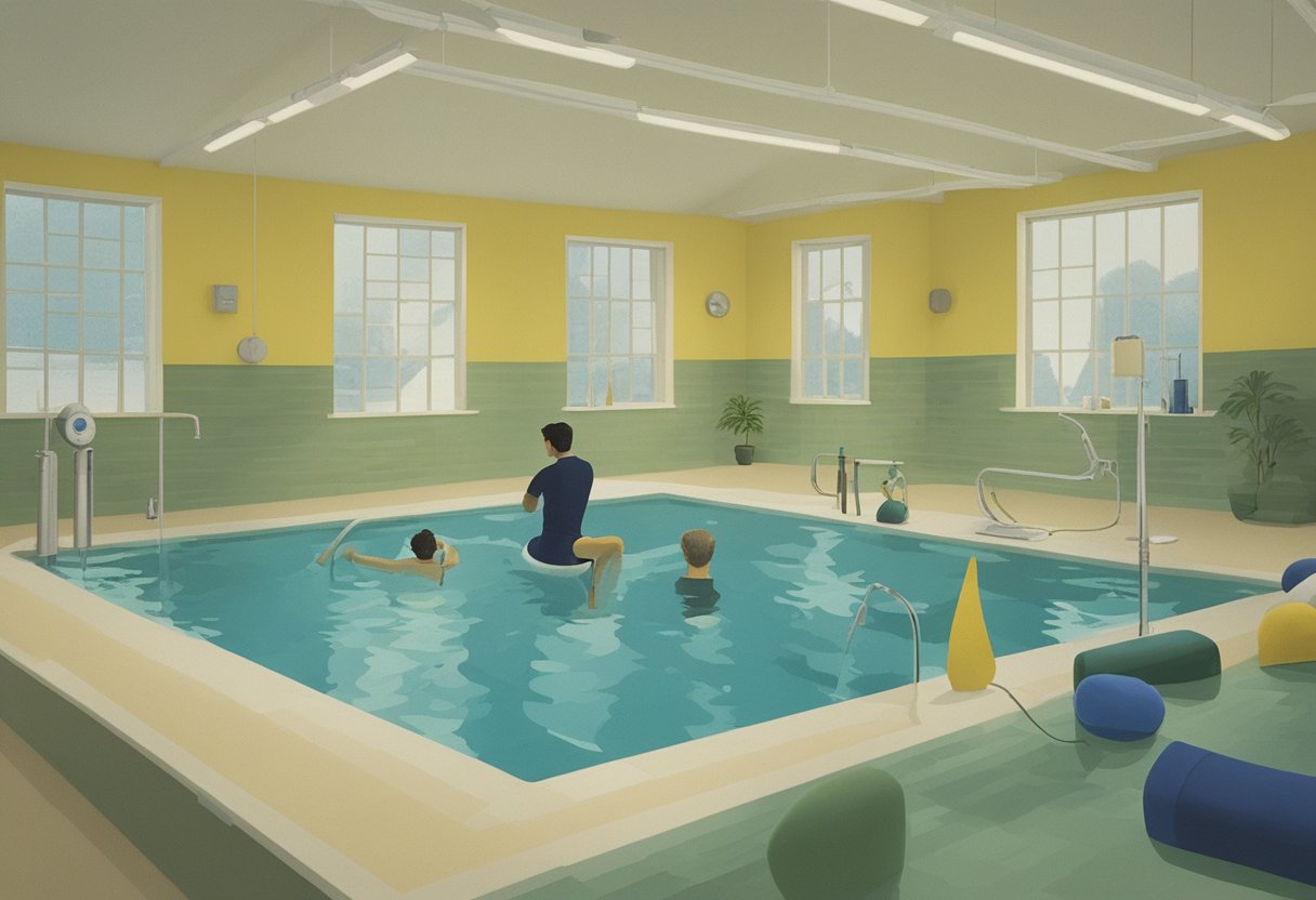 A male figure in a pool, surrounded by aquatic therapy equipment and guided by a therapist