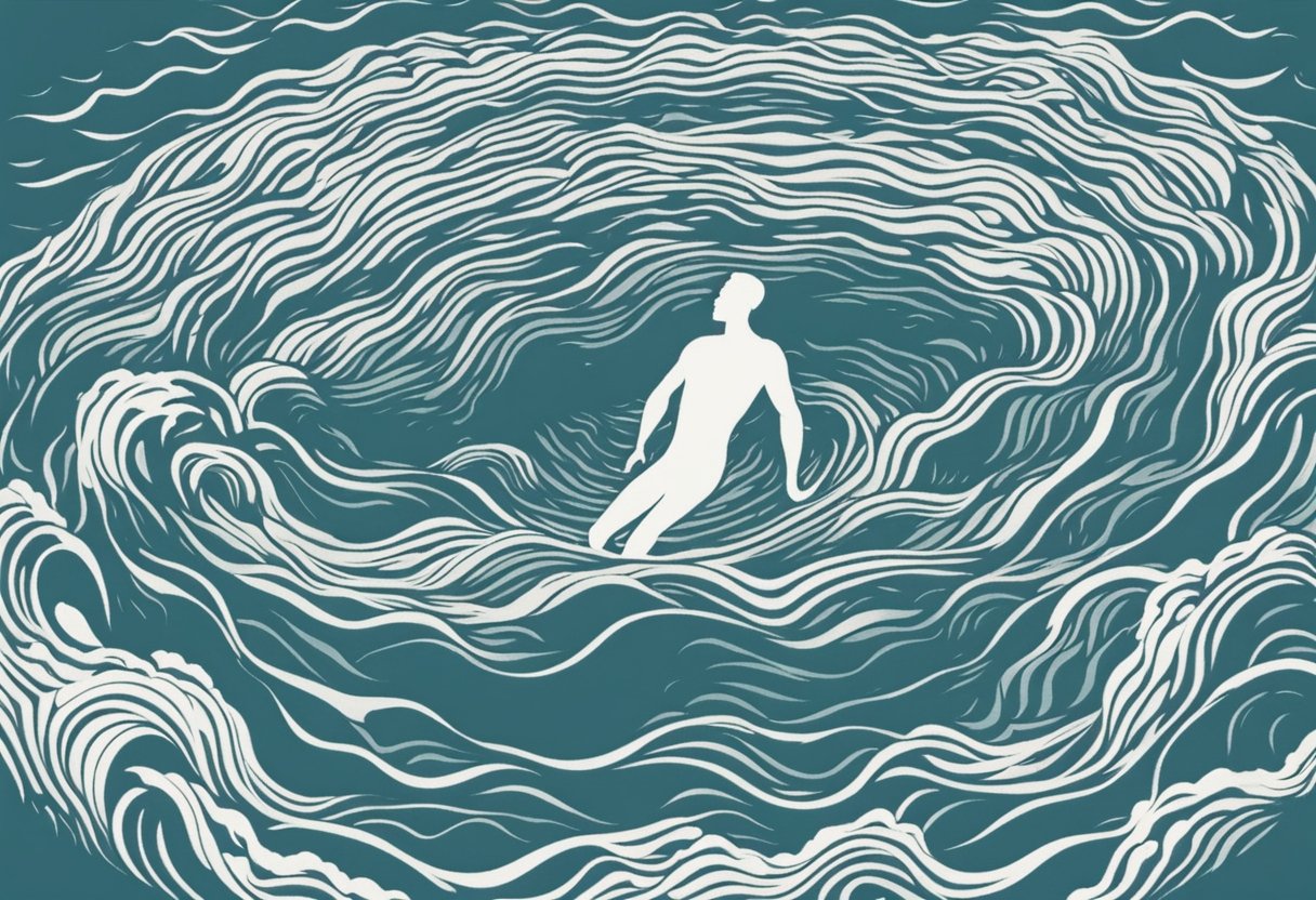 A man in a pool, surrounded by gentle waves. His body is relaxed, muscles engaged in therapeutic movements. The water supports him, providing relief and strength