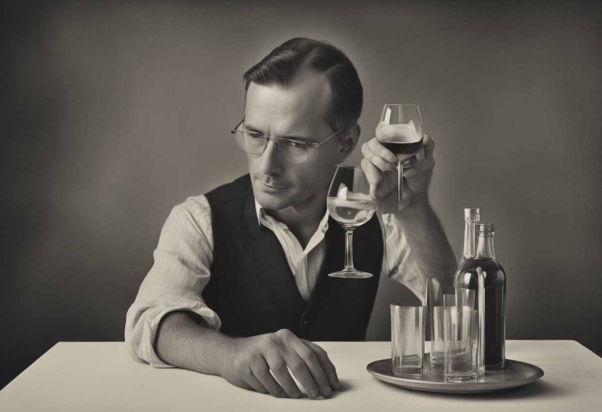 A man struggles to maintain balance while reaching for a glass of alcohol. His coordination is visibly impaired