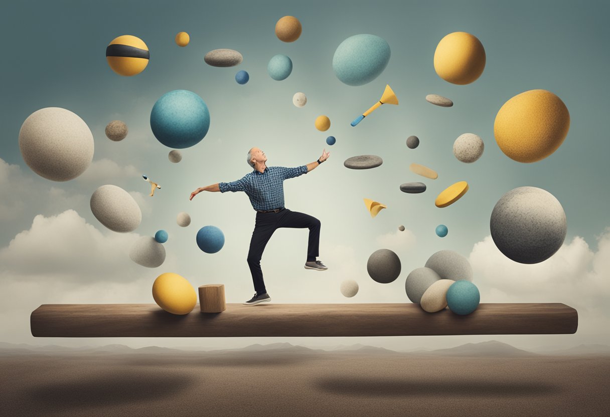A man navigates a balance beam while juggling various objects, symbolizing the challenges faced by male cancer warriors