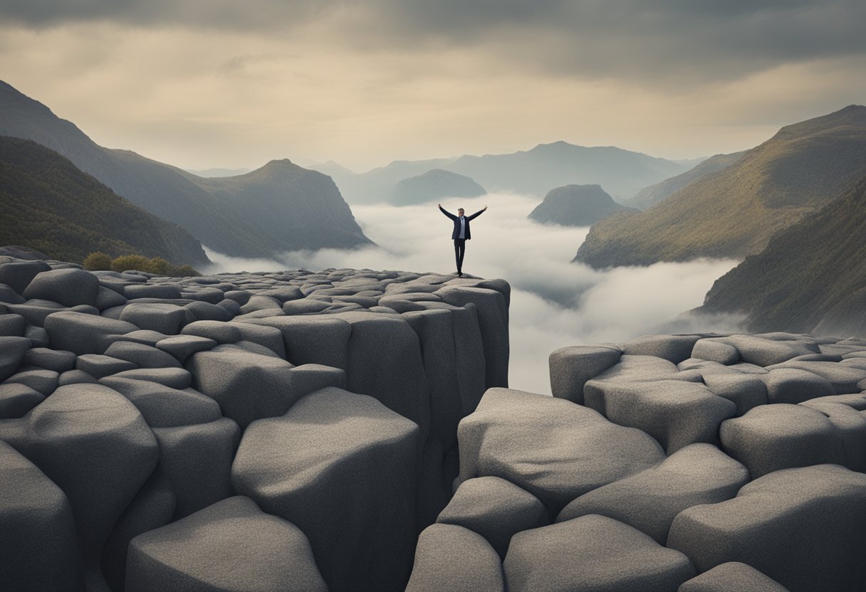 A figure stands on one leg on a rocky surface, arms outstretched for balance. He appears strong and determined