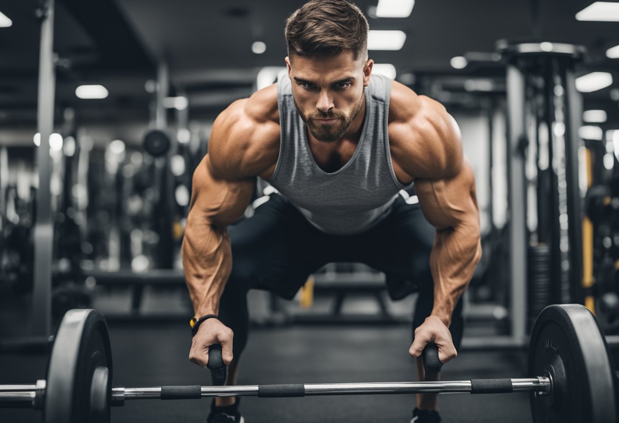A man exercises in a gym, lifting weights and using resistance bands. He is focused and determined, with a look of strength and determination on his face