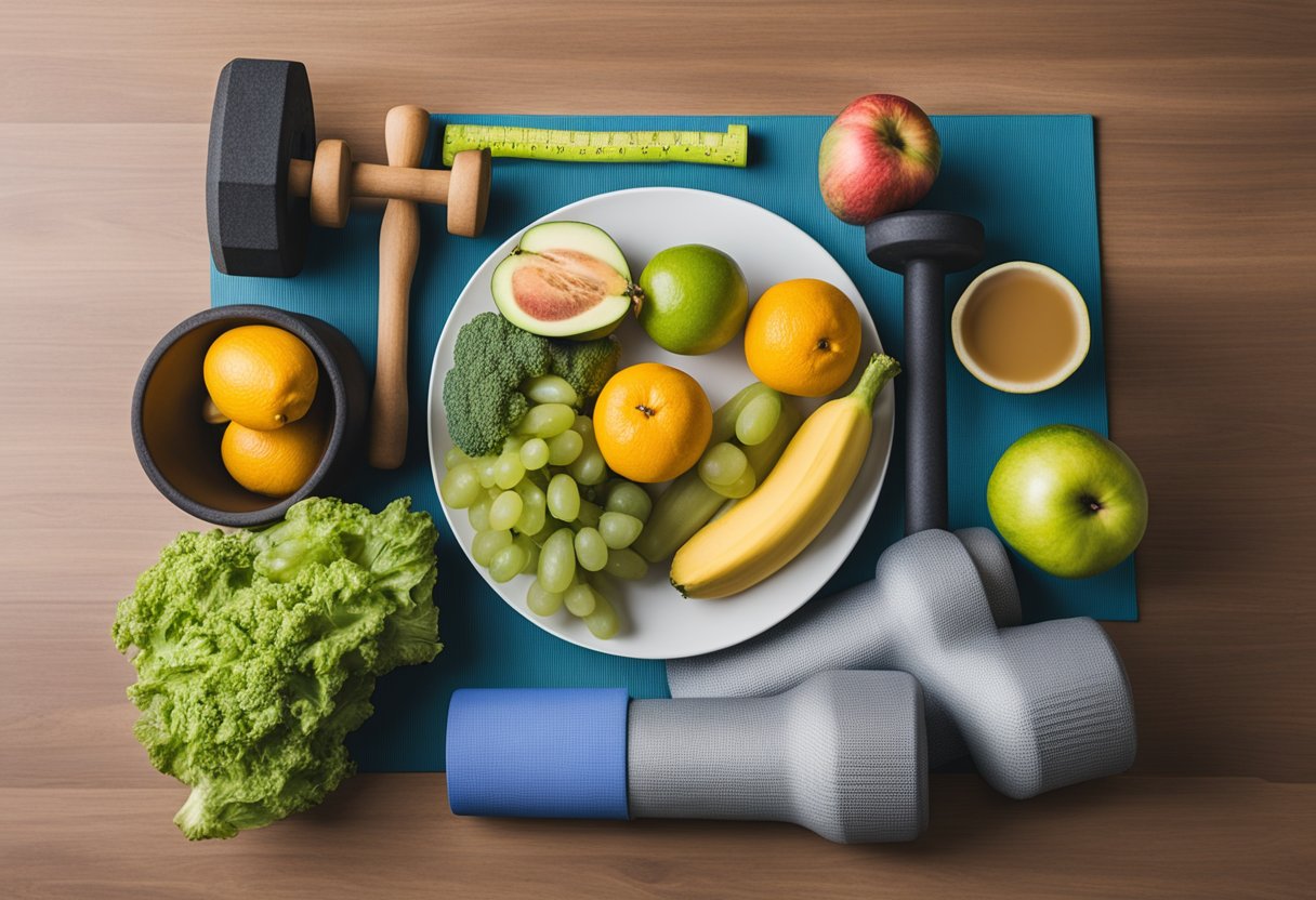 A balanced plate of fruits, vegetables, and lean protein, alongside a set of dumbbells and a yoga mat, symbolizing a healthy lifestyle for a male cancer thriver